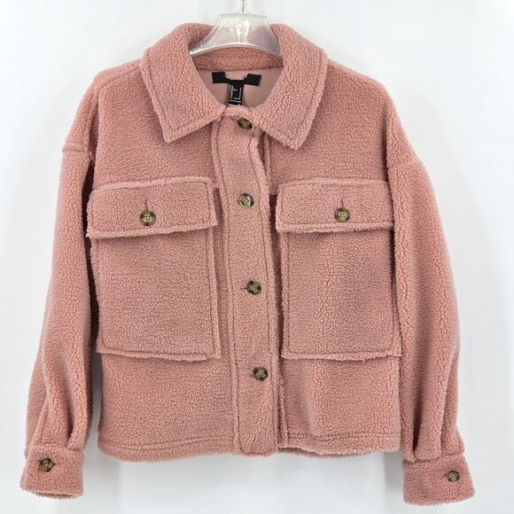 Forever 21 Teddy Jacket Shacket Womens Small Mauve Pink Distressed Plush Fall - Picture 1 of 7